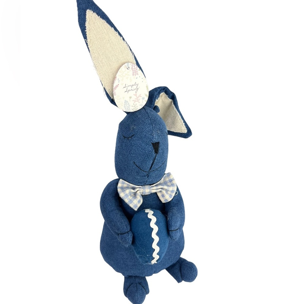 Denim Blue and Gingham Plush Easter Bunny 14" Home Decor NEW